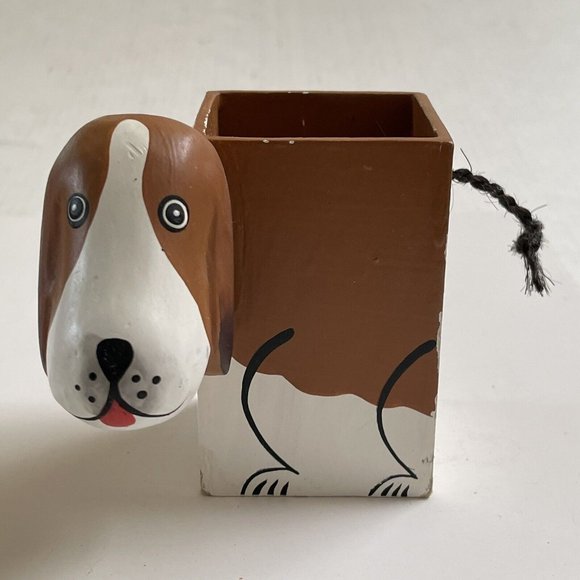 Unbranded Other - Basset Hound Wooden Pencil Pen Holder Organizer Home Decor Dog Lover White Brown